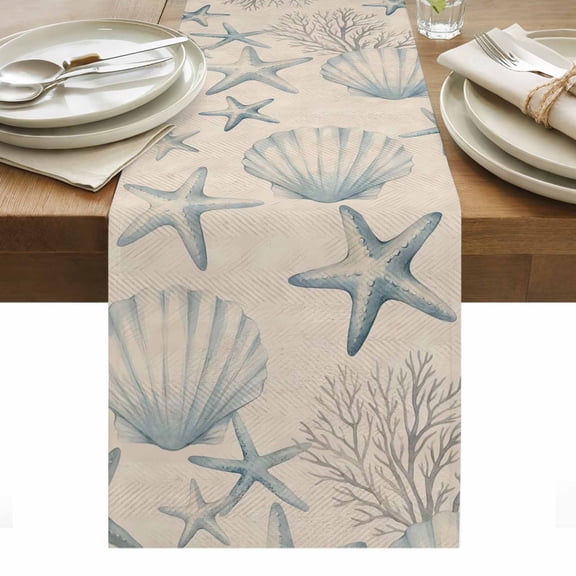 Summer Ocean Shell Cotton Linen Table Runner Nautical Vintage Blue Starfish Seashell Coral Dining Table Runners for Home Decor Party Dining Room Restaurant Kitchen Party 13" x 36"