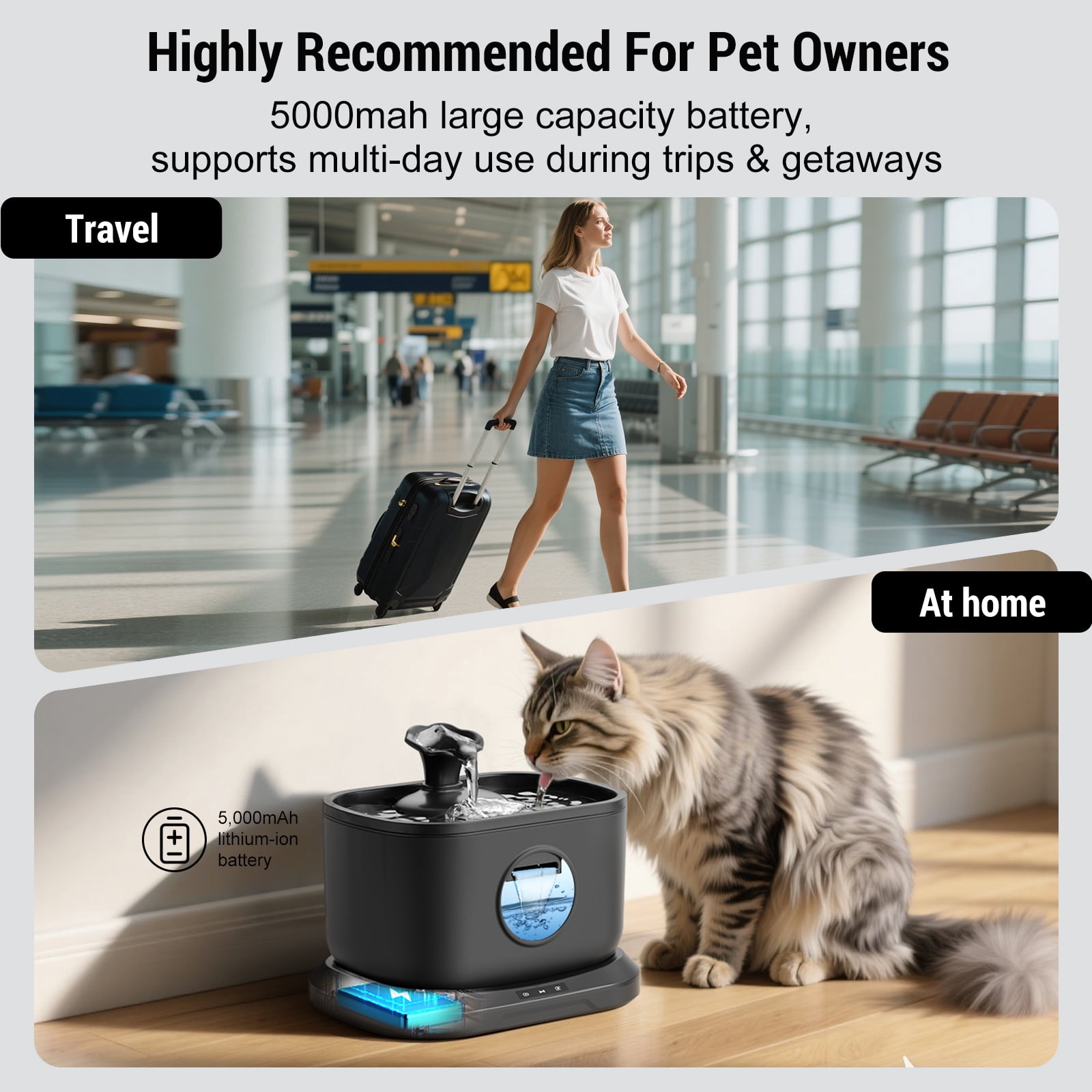 Cat Water Fountain, Radar Sensing Cordless Water Fountains for Cats Indoor, Battery Operated Wireless Pump, Premium Multi-Layer Filter 2.5L/84oz Quiet Automatic Pet Dispenser, Black