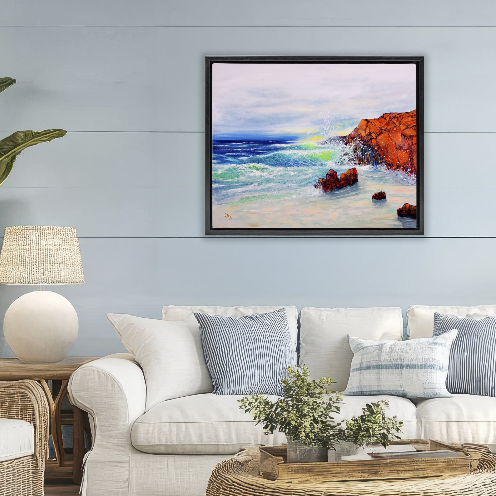 Stupell Industries Deep Blue Rocky Beach Black Framed Floater Canvas Wall Art, design by Lee Ann Zirbes