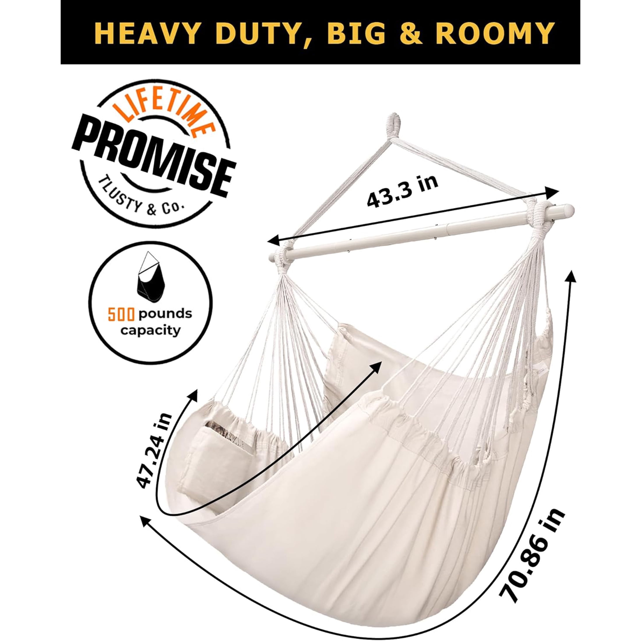 Sunyear Hammock Chair Anti-Slip Oversized Swing Chair  -  XXL Hanging Chair with  Steel Spreader Bar and Pocket for Bedroom, Patio, Outdoor/Indoor Use  (500 lbs Capacity)