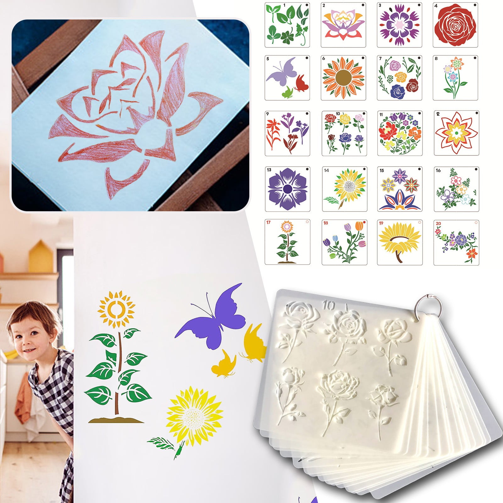 6pcs Flower Stencils for Painting,8x10 Inch Reusable Summer Floral Stencils Including Sunflower/Rose/Butterfly/Lotus/Hummingbird/Hibiscus /Leaves Stencils
