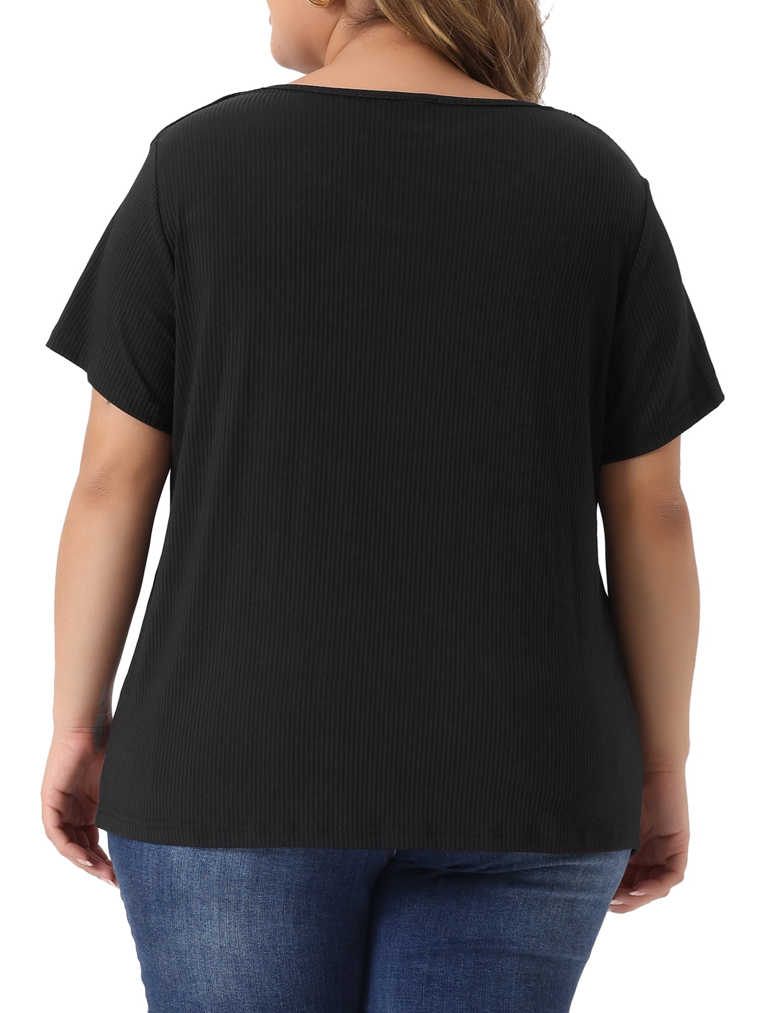 Unique Bargains Women's Plus Size Basic Top Short Sleeve Metal Chain Front T-Shirts 1X Black