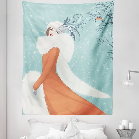 Vintage Woman Tapestry, Image of a Lady in a Coat with Long Fur Collar on a Snowy Winter Background, Fabric Wall Hanging Decor for Bedroom Living Room Dorm, 5 Sizes, Multicolor, by Ambesonne