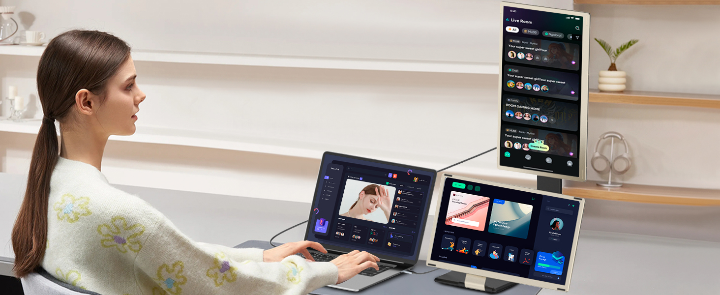 S6 Laptop Screen Extender, 15.6" 120% sRGB FHD 1080P IPS Triple Portable Monitor Extender, 235°Rotation & Kickstand, HDMI/USB-A/USB-C for Mac/Windows/Android, Fits All Laptops, Plug & Play