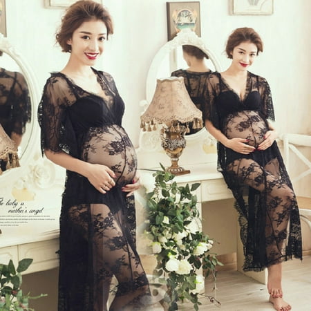 

Fragarn Women Pregnants Photography Maternity Short Sleeve Solid Sling Lace Long Dress