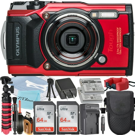 Olympus Tough TG-6 Digital Camera (Red) + 2 Pieces SanDisk 64GB Memory Card + Extra Battery + Case + Tripod + ZeeTech Accessory Bundle (Professional Kit)