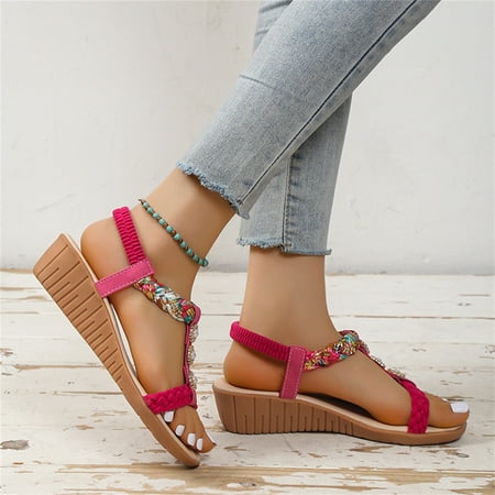 Tuobarr Women s Wedge Sandals Women s Fish-Mouth Slip-On Slope Heel Shoes Casual Bohemian Rhinestone Roman Sandals Red US Size 9