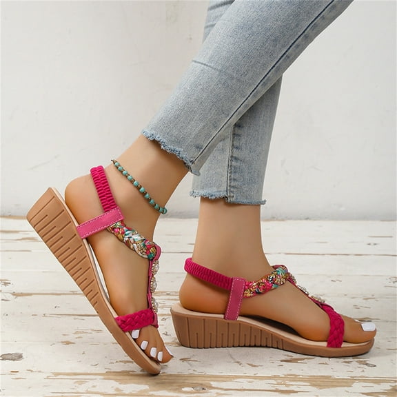 KBODIU Women's Open Toe Buckle Ankle Platform Wedge Sandals Women's Fish-mouth Slip-on Slope Heel Casual Bohemian Rhinestone Roman Sandals