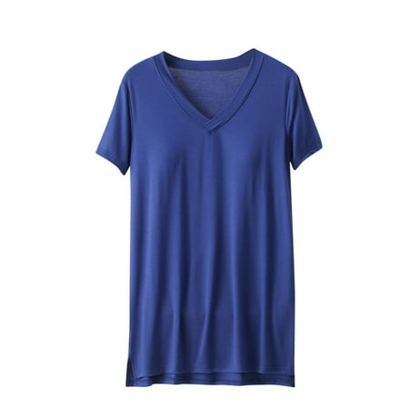 MIUOWANP Women s T-Shirts Loose Fit V-Neck Shirt Solid Color with Built In Bra Cups  Lightweight Loungewear Size XXL(12)Blue