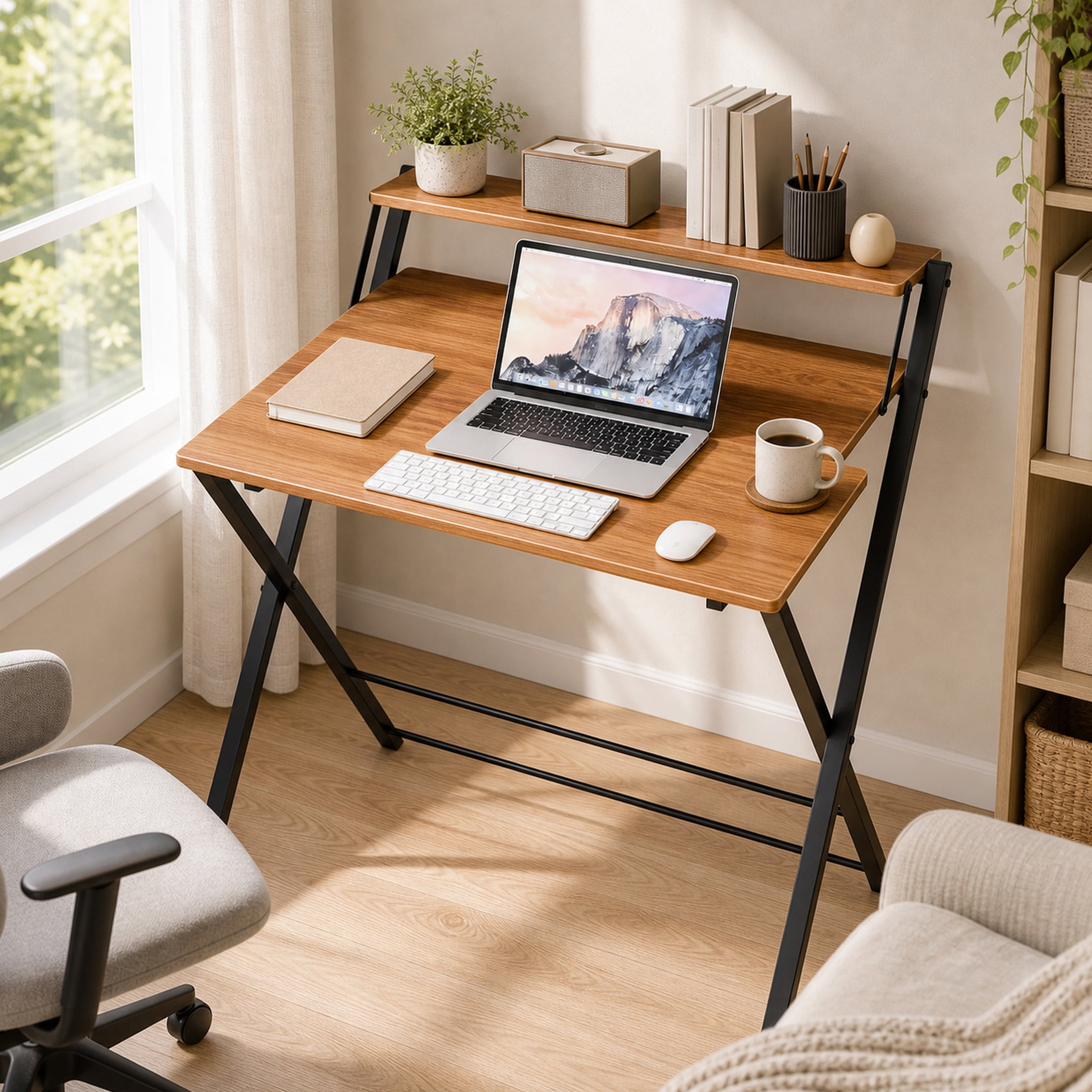 EDX Small Folding Desk with Shelf, No Assembly 2-Tier Compact Computer Table, Portable Study Workspace for Bedroom, Home Office, Brown