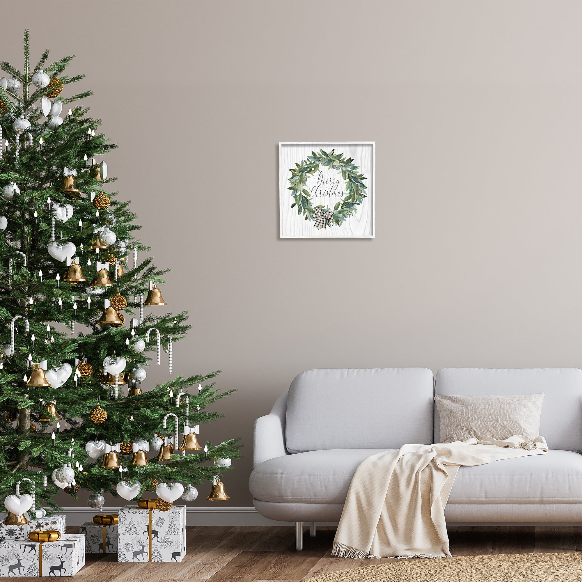 Stupell Industries Tartan Bow Wreath Holiday Painting White Framed Art Print Wall Art, 17 x 17