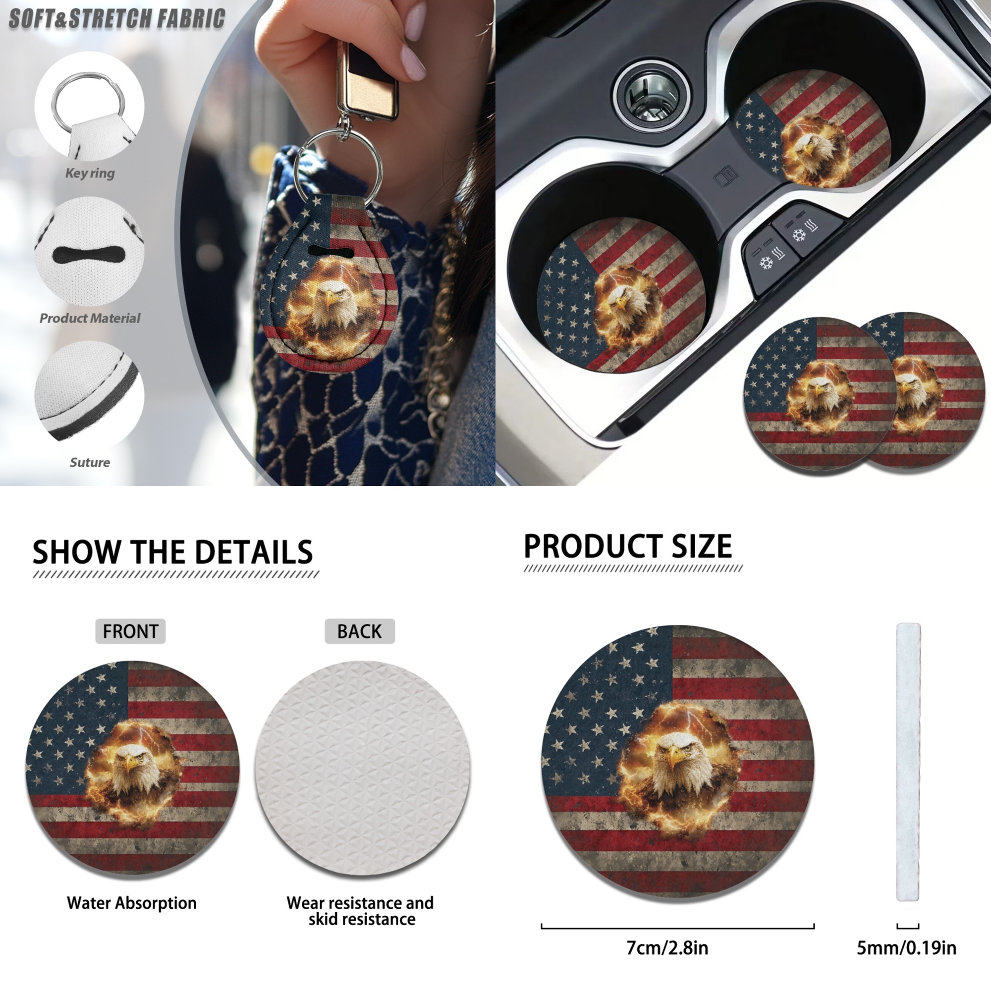 Jeiento Eagle Car Seat Cover Full Set Car Floor Mats American Flag Steering Wheel Cover Cool Flame Seatbelt Pad Armrest Cover Cup Coaster Keychains Universal Auto Interior Accessories Set 17 Pack
