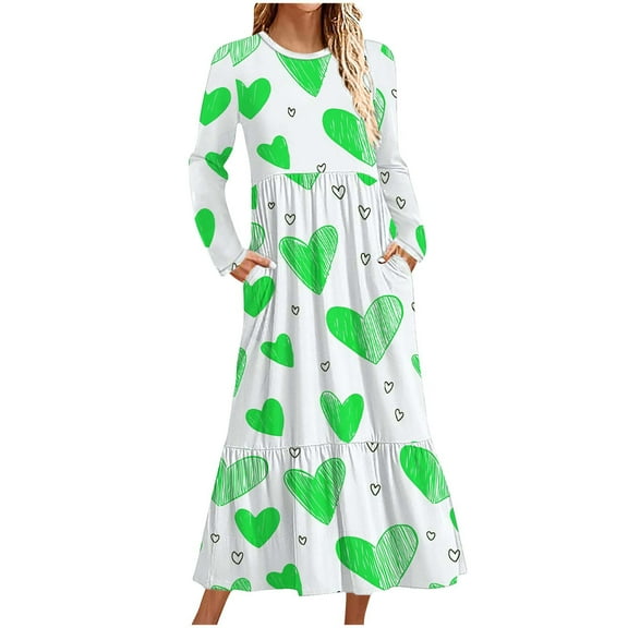 ZQUUVOU Women's ​​Valentine's Day Dress Casual Printed Long Sleeve Maxi Dress Green,S