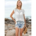 thumbnail image 2 of Women Tassel Knitted Crochet Mesh Crop Top Sexy- Short Sleeve Fishnet Top See Through Cover Up Cream White M, 2 of 7