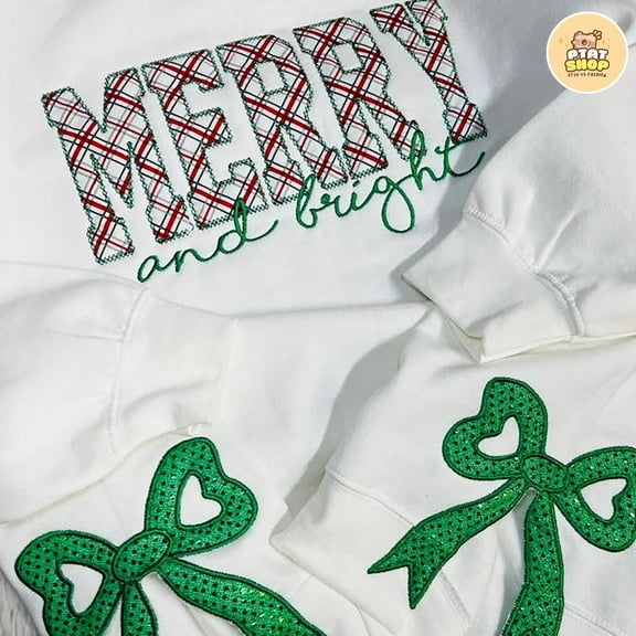 Merry Christmas Side Bow Embroidered Sweatshirt, christmas side bow,bow sweatshirt christmas,christmas crewneck bows, split hem christmas
