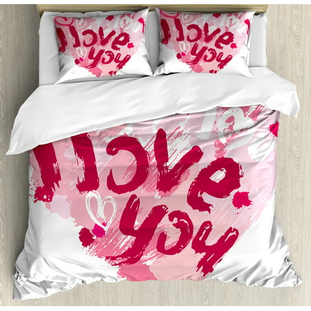 I Love You Duvet Cover Set, Paintbrush Love Message Best Friends Forever February Wedding Engaged Image, Decorative Bedding Set with Pillow Shams, Pale Pink Ruby, by