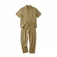 thumbnail image 4 of LEKWK Men Linen Sets Outfits 2 Piece Button Down Short Sleeve Collared Tops and Drawstring Wide Leg Pants Loose Fit Solid Summer Beach Vacation Resort Wear, 4 of 5