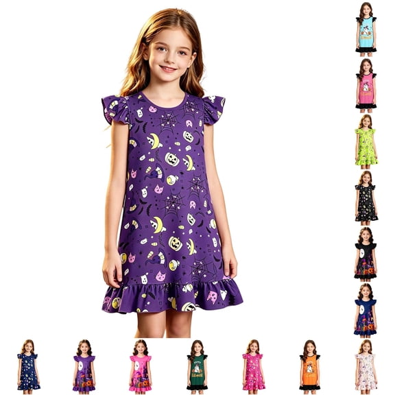 WhouRiu Girls Halloween Graphic Dresses Sleeveless Flutter Sleeve Crew Neck Dress Kids Comfortable Cute Party Nightgown,6-7 Years