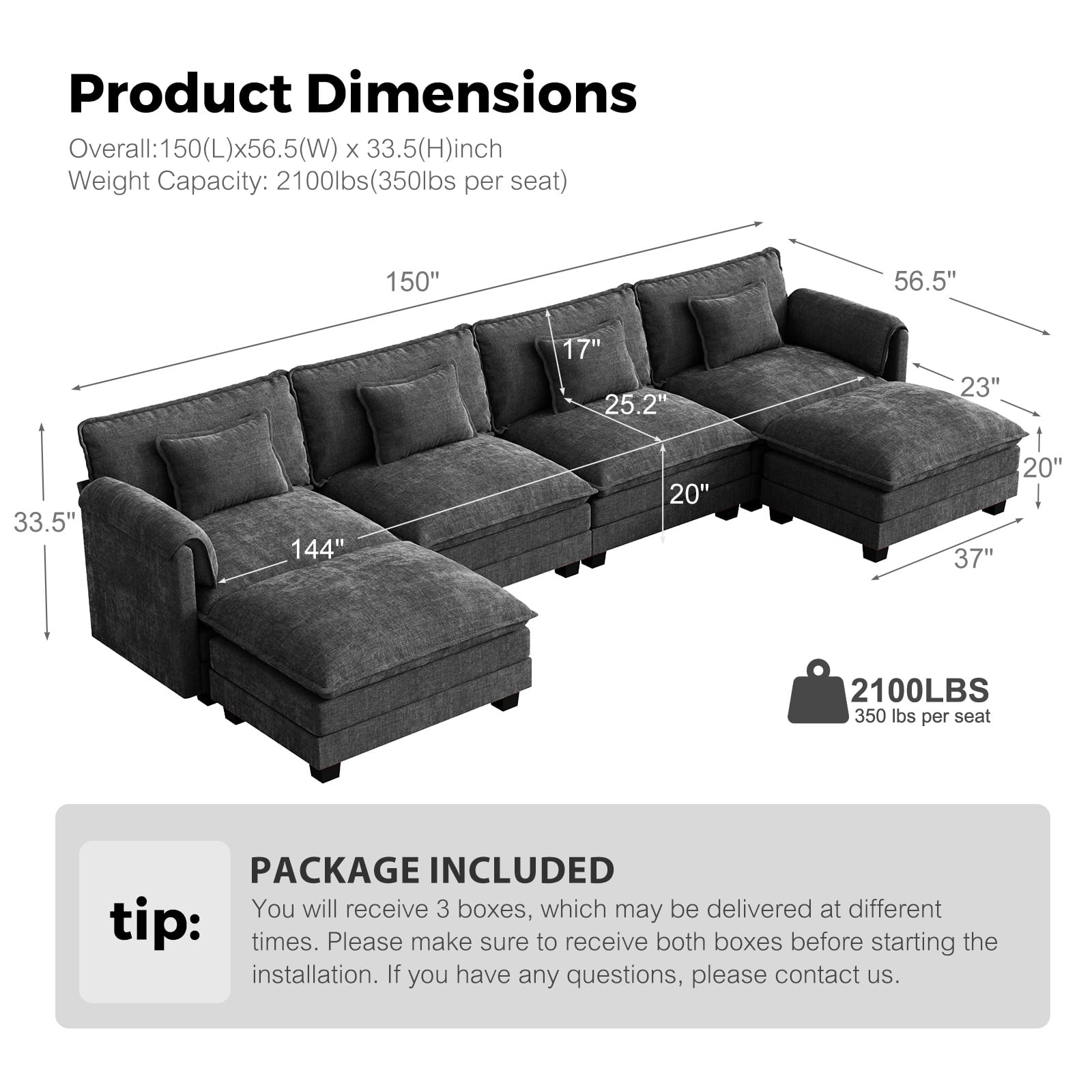 JULY'S SONG U Shaped Couch Set, 4-Seater Modular Sectional Sofa with Movable Ottoman, Deep Seat Couches and Sofas for Living Room, Comfy Cloud Couch with Detachable Cushions, Chenille Black