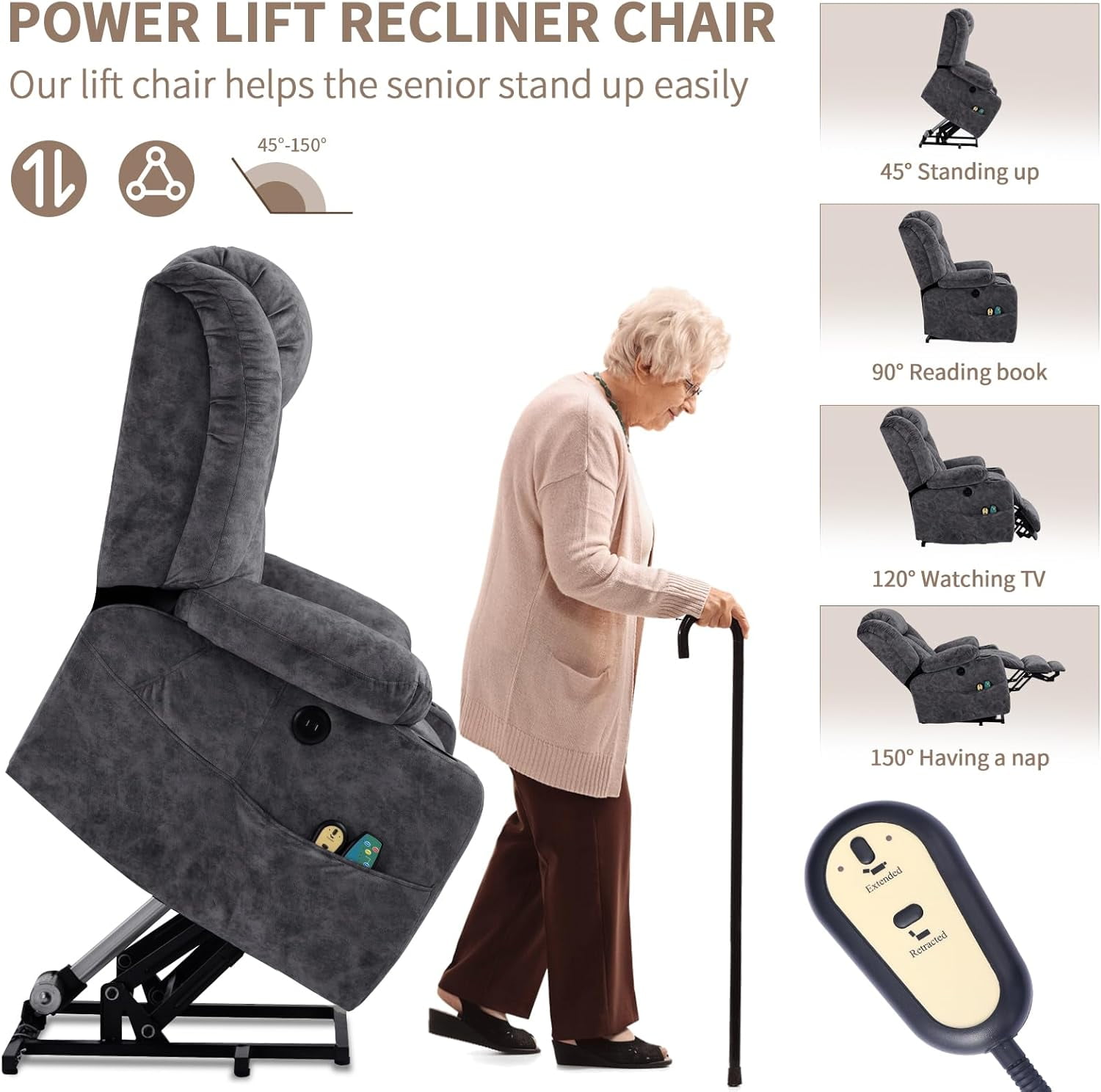 EPICOZY Large Power Lift Recliner Chair for Elderly Tall Man, Overstuffed Widen Massage Electric Recliner with Heat Vibration, Extended Footrest, Cup Holders, Side Pockets & USB Ports, Fabric Grey
