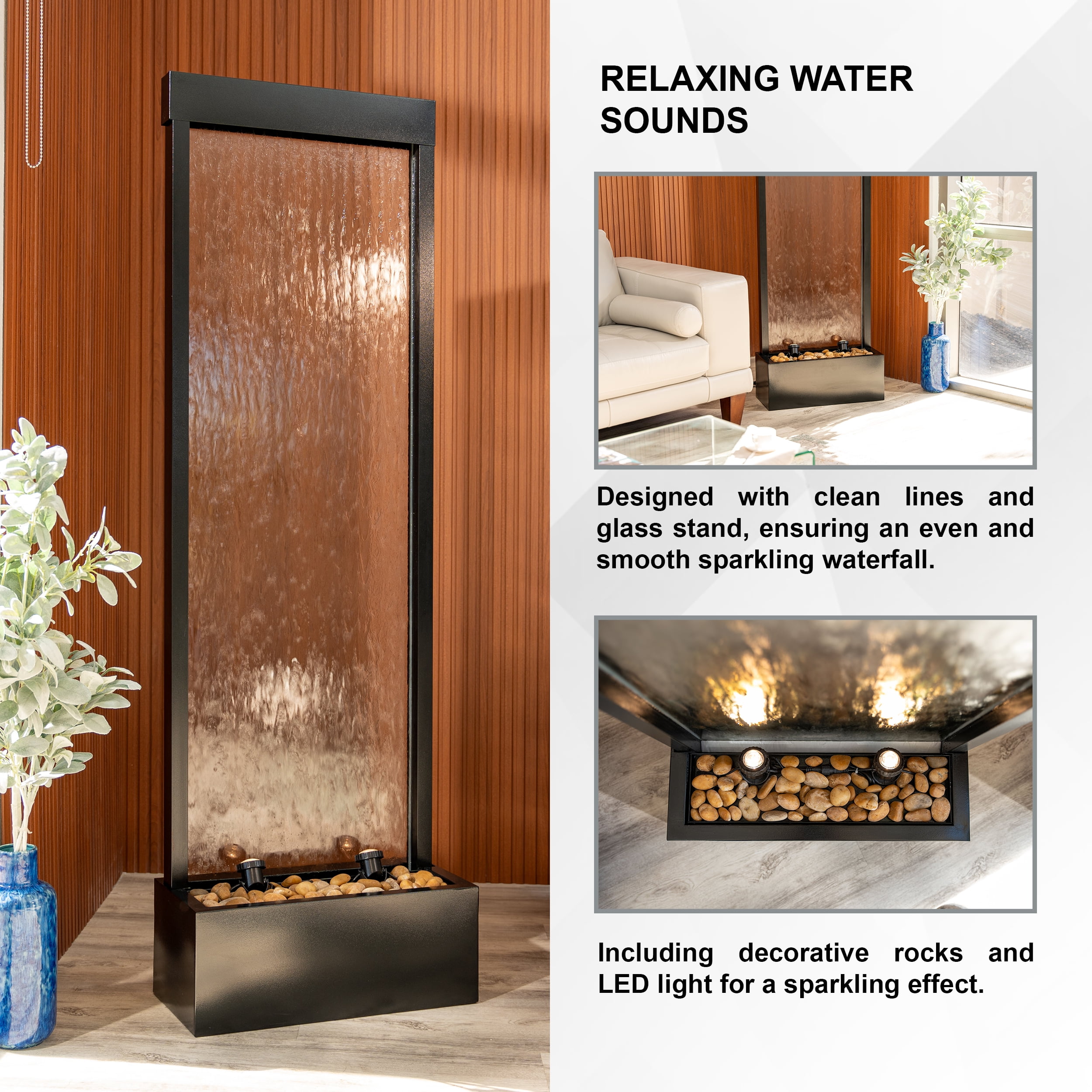 "X-Brand 68"" Freestanding Indoor/Outdoor Waterfall Fountain with LED Lights & Auto-Shut Off Pump, Black"