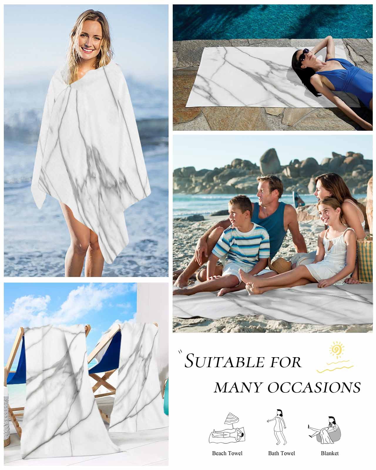 Marble White Beach Towels Oversized Super Absorbent, Ombre Grey Modern Minimalist Lightweight Bath Towel Quick Dry Sets For Bathroom/Pool/Rv Camping/Beach Play/Gym Room/Picnic 23"x47"
