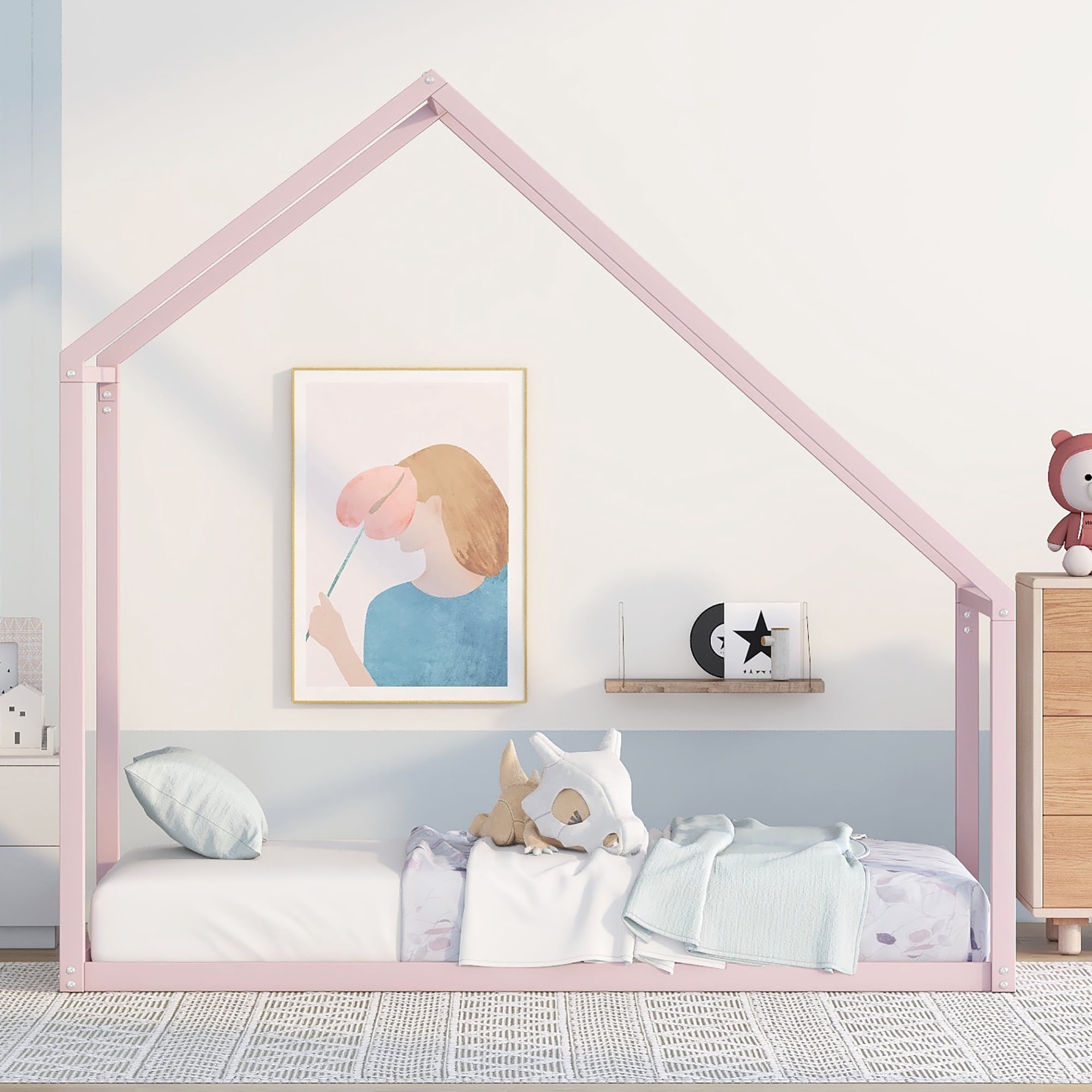Gewnee Metal House Bed,Twin Size Platform Bed with Roof for Kids,Pink