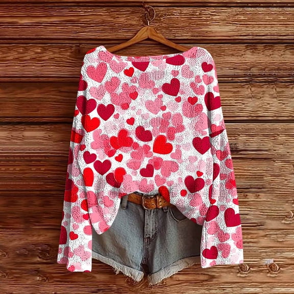 Valentine's Day Sweater for Women Lightweight Heart Graphic Drop Shoulder Cute Pullover Casual Crew Neck Long Sleeve Trendy Sweaters Fashion Y2K Outfits