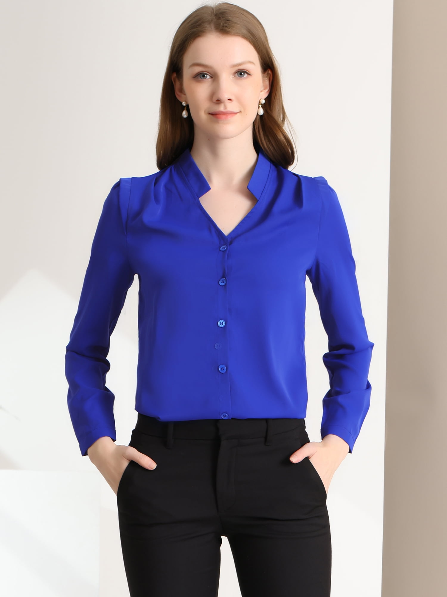 DARING DIVA Women's Elegant V Neck Long Sleeves Button Down Shirt XS Royal Blue