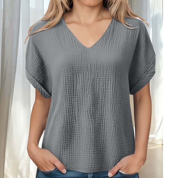 Blouse for Women V Neck Short Sleeve Casual Loose Fit Rolled Cuffs Lightweight Breathable Textured Fabric Summer Fashion Basic Streetwear Top