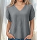 thumbnail image 2 of Camisetas Casuales de las Mujeres de Moda Suelta Manga Corta V-Cuello Superior con Doble Capa Arrugado Detalle, Suave Poliéster Color Sólido Blusa para el Uso Diario, Camisetas de Cuello en V de las, 2 of 8