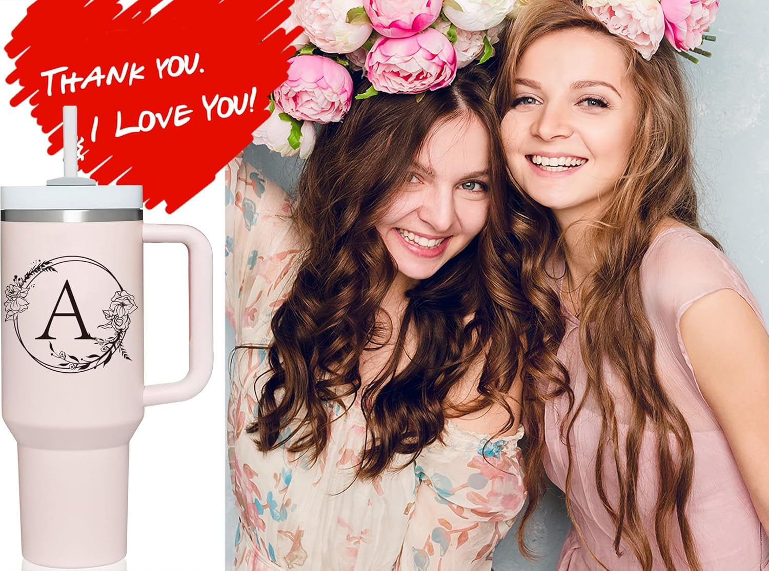 Personalized 40oz Tumbler Cup with Initials.Cup with Letter A 40oz Tumbler with Handle.Custom Tumbler Cup with Letter.Initial Monogram Tumbler Mug Gifts for Women Birthday Christmas.