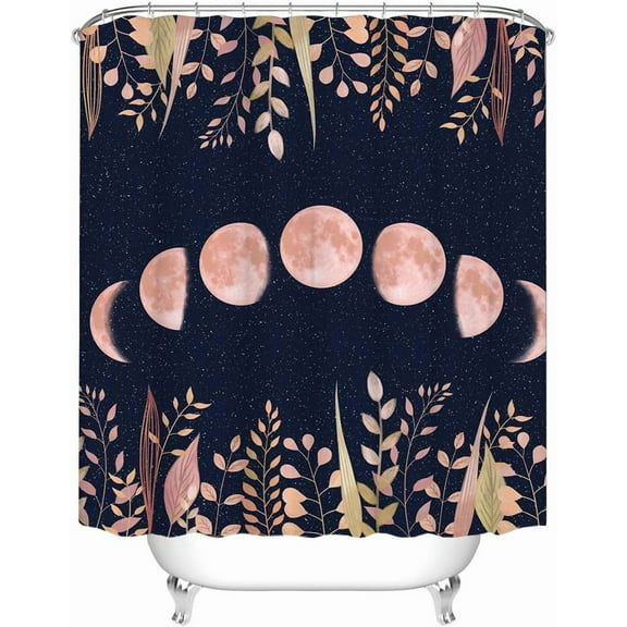 Moon Shower Curtain Witchy Space Moon Phase Curtains Magic Cottagecore Bathroom Decor Black and Blush Zodiac Fabric Curtains with Hooks 72"X72"Inches