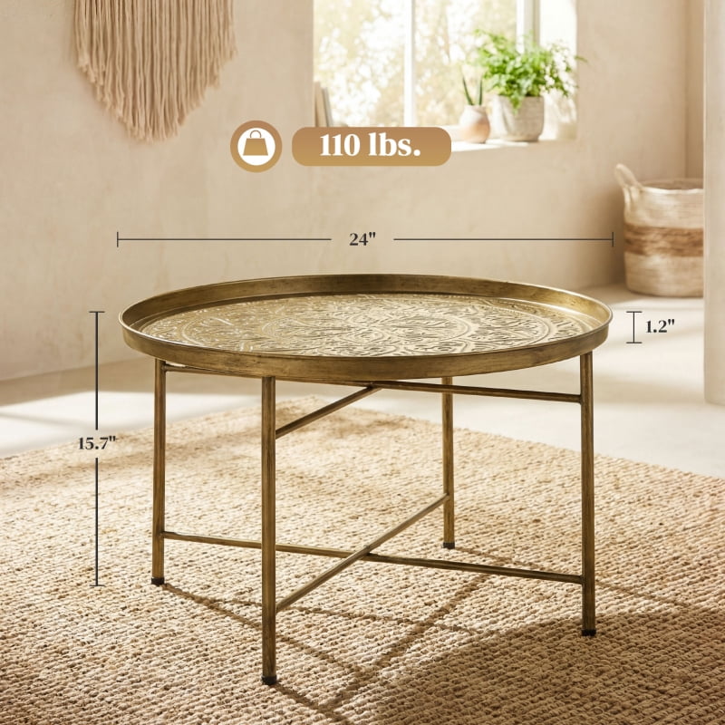 Alvantor Round Coffee Table with Hammered Tray Top & Metal Frame 24"x24"x15.7" Gold