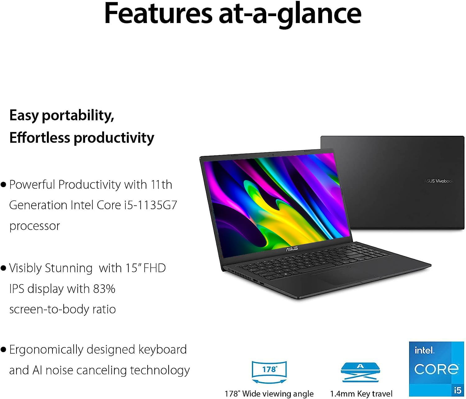 ASUS Vivobook 15 Laptop for Business and Student, 15.6 Inch FHD, Intel Core i5-1135G7, 12GB RAM, 512GB SSD, Windows 11 Pro, 10 Number Key, WiFi, HDMI, USB Type-C, Black, PCM