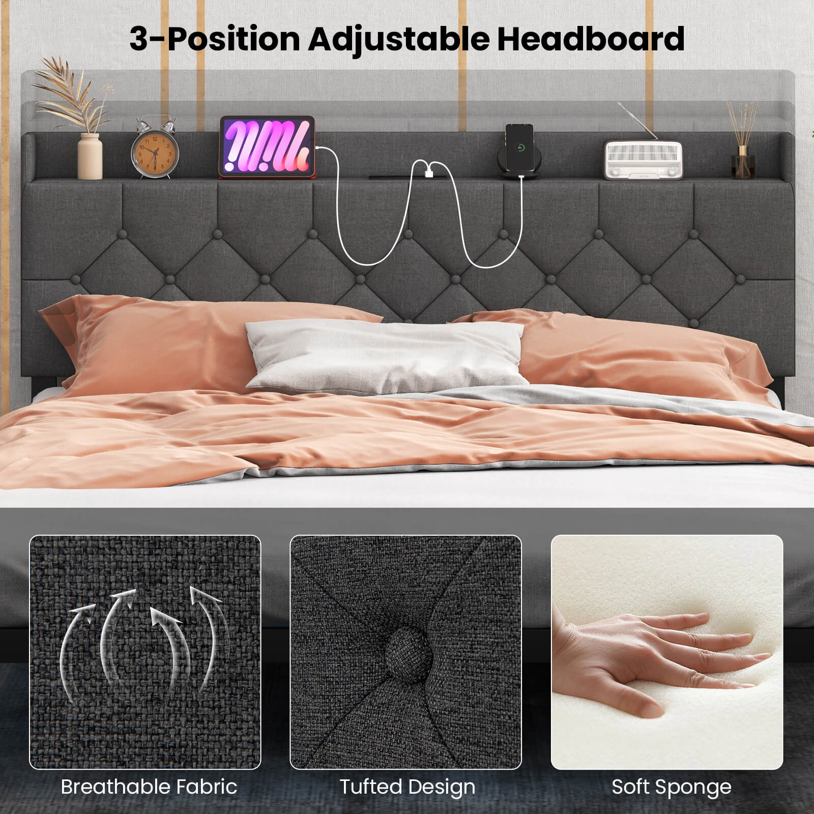 Infans Queen Size Floating Bed Frame with LED Lights Adjustable Upholstered Headboard