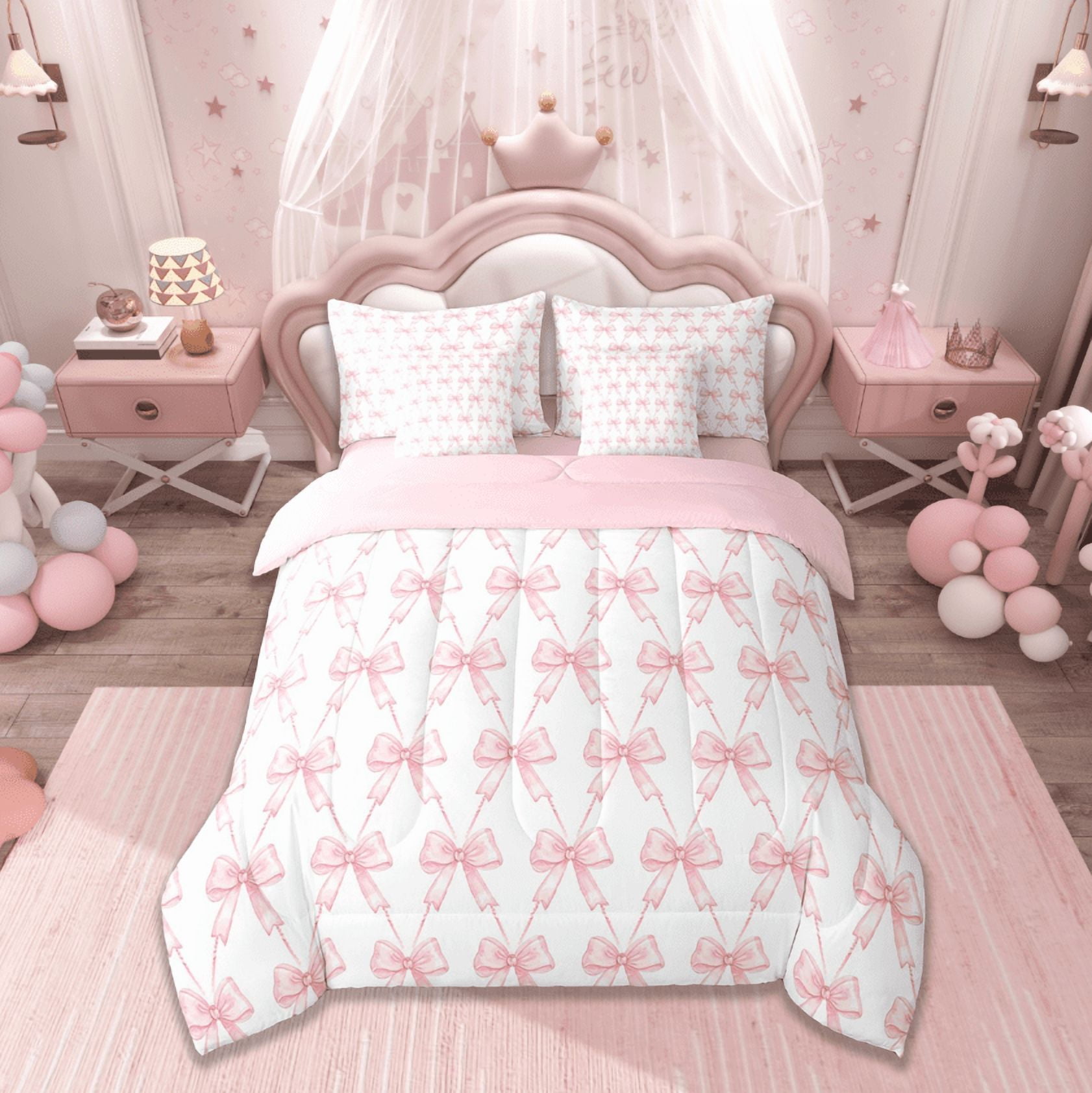 Manfei Kawaii Bow Bedding Comforter Set 7 Pieces,Girls Bow Knot Full Bedding Set,Pink White Fitted Sheet Flat Sheet,Breathable Bedroom Decorative,Reversible