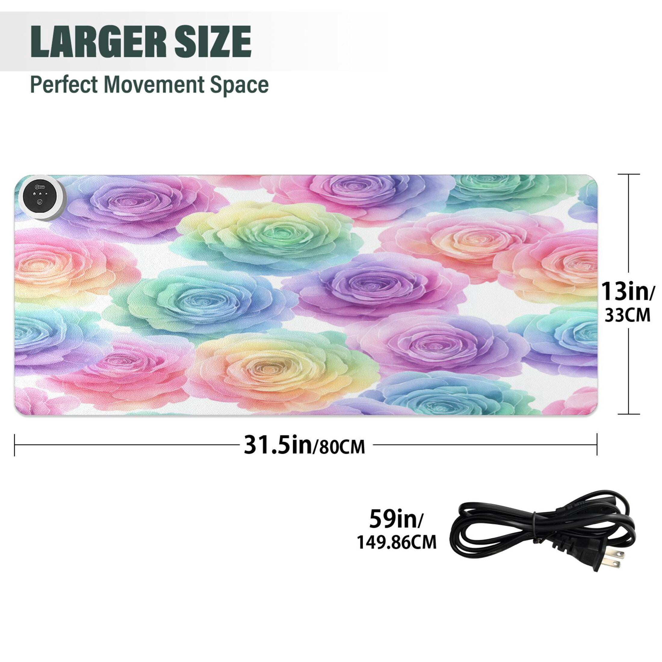 Large Heated Desk Mat Mouse Pad 31.5"x13"PU Leather Graphene Heating Desk Warmer with 3 Temperature Settings 110V US Plug Non-Slip Warm Pad for Home, Office, and Gaming Little Rainbow Rose Garden