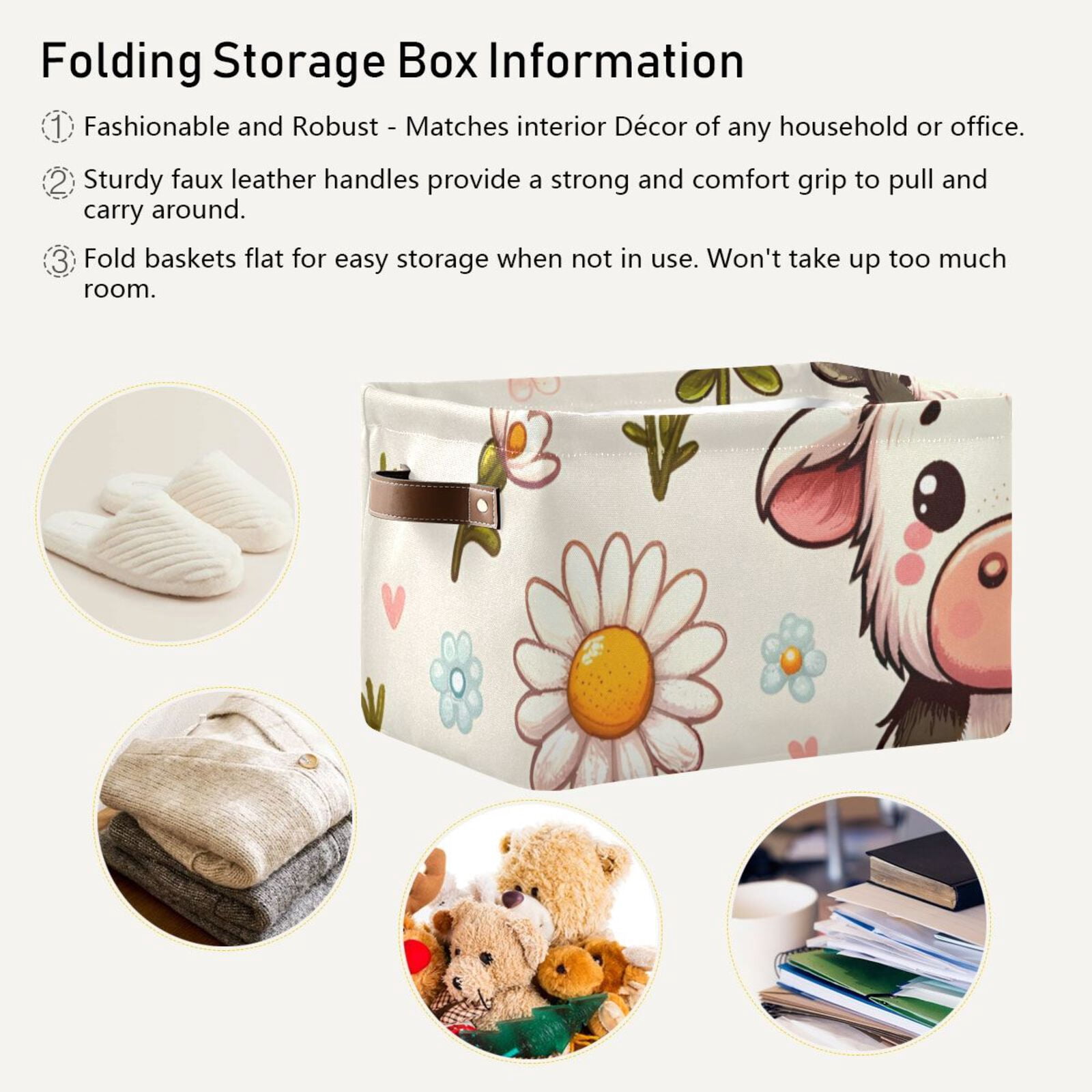 Cow on Flowers Storage Bins Baskets With Handles Storage Box Clothes Organizer Organization Toys