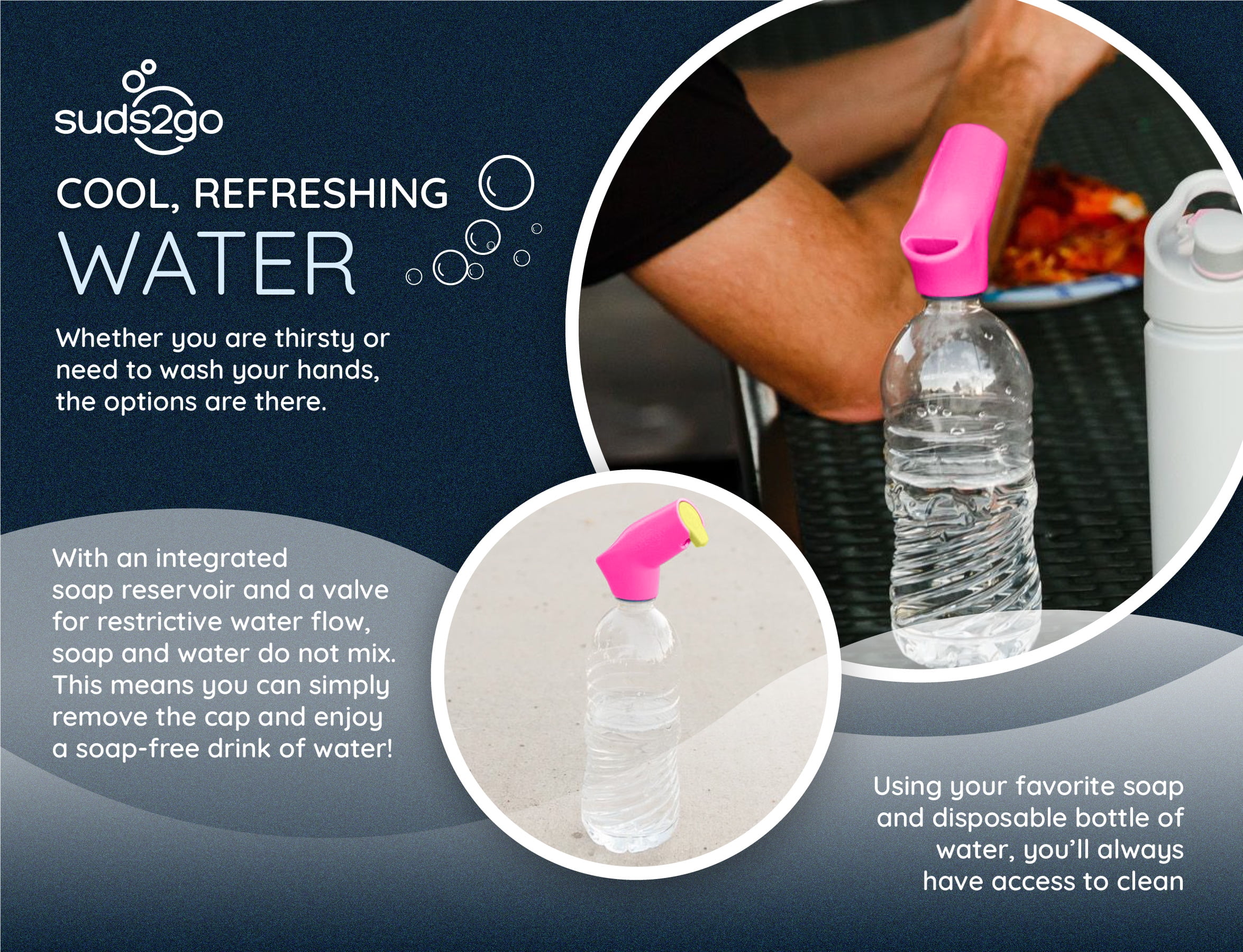Suds2Go Refillable Caps, 2 Pack - Universal Fit Turns Most Disposable Water Bottles Into A Hand Washing Station - Includes Refillable Soap Reservoir - Conveniently Sized to Take on the Go - Pink