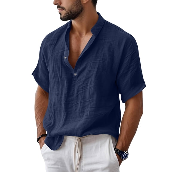Men's Cotton Linen Henley Shirt 2026 Short Sleeve Button Down Shirts Solid Casual Summer Beach T-Shirts Navy L