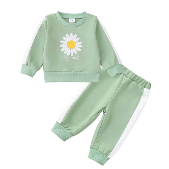 KIMI BEAR 2T Toddler Girls Outfit Set 3T Child Girl Clothes Long Sleeves Daisy Print Pullvoer Sweatshirt Top Color Block Pants 2pcs Pant Sets Clothing Green