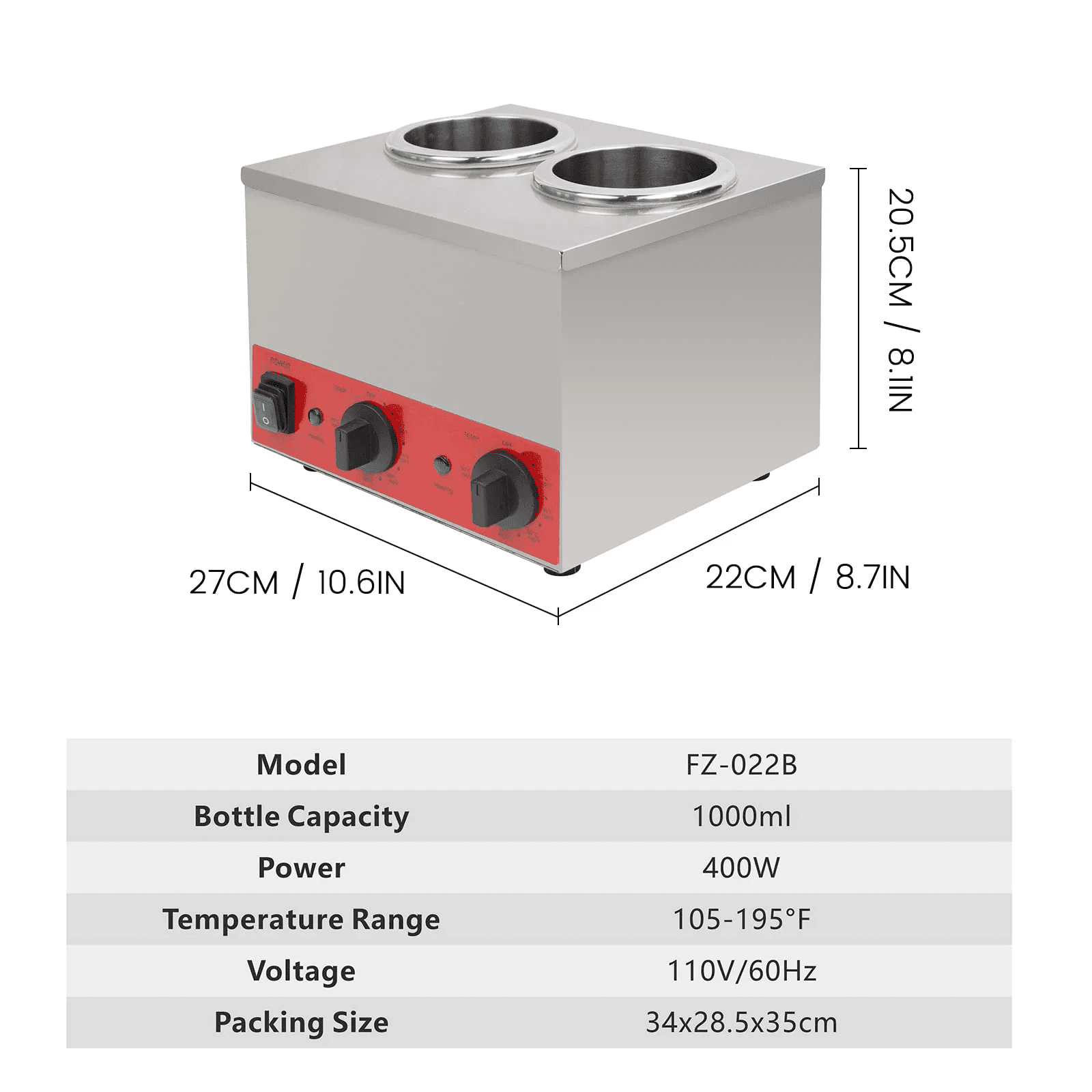 Hakka Double Bottle Sauce and Cheese Warmer, 2 Well Stainless Steel, 400W, Adjustable Temperature 105-195F, 110V