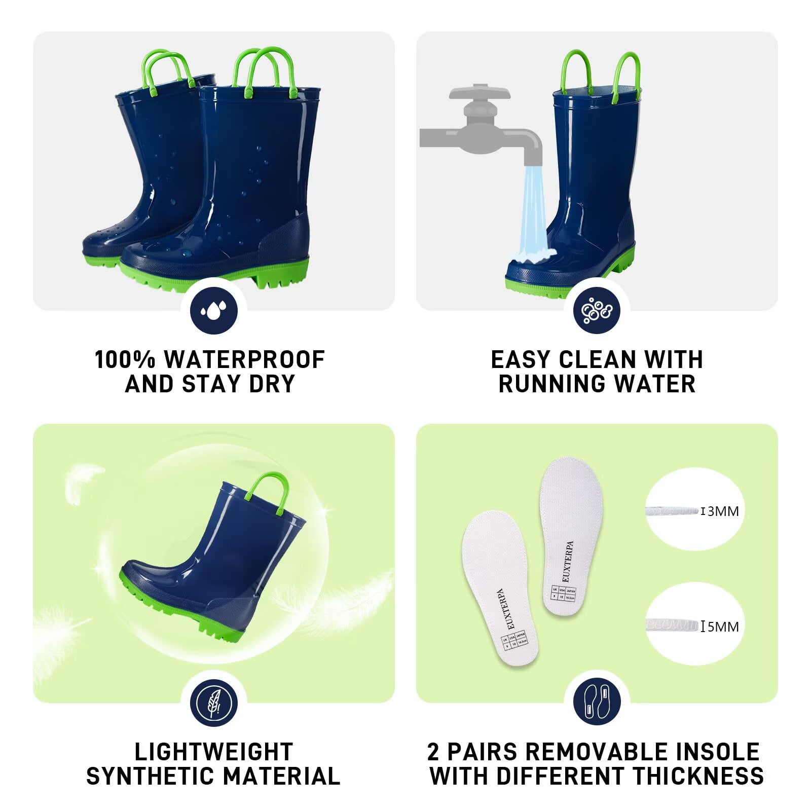 EUXTERPA Toddler Kids Waterproof Rain Boots Boys Girls Navy Boots with Handles Big Kid Size 3