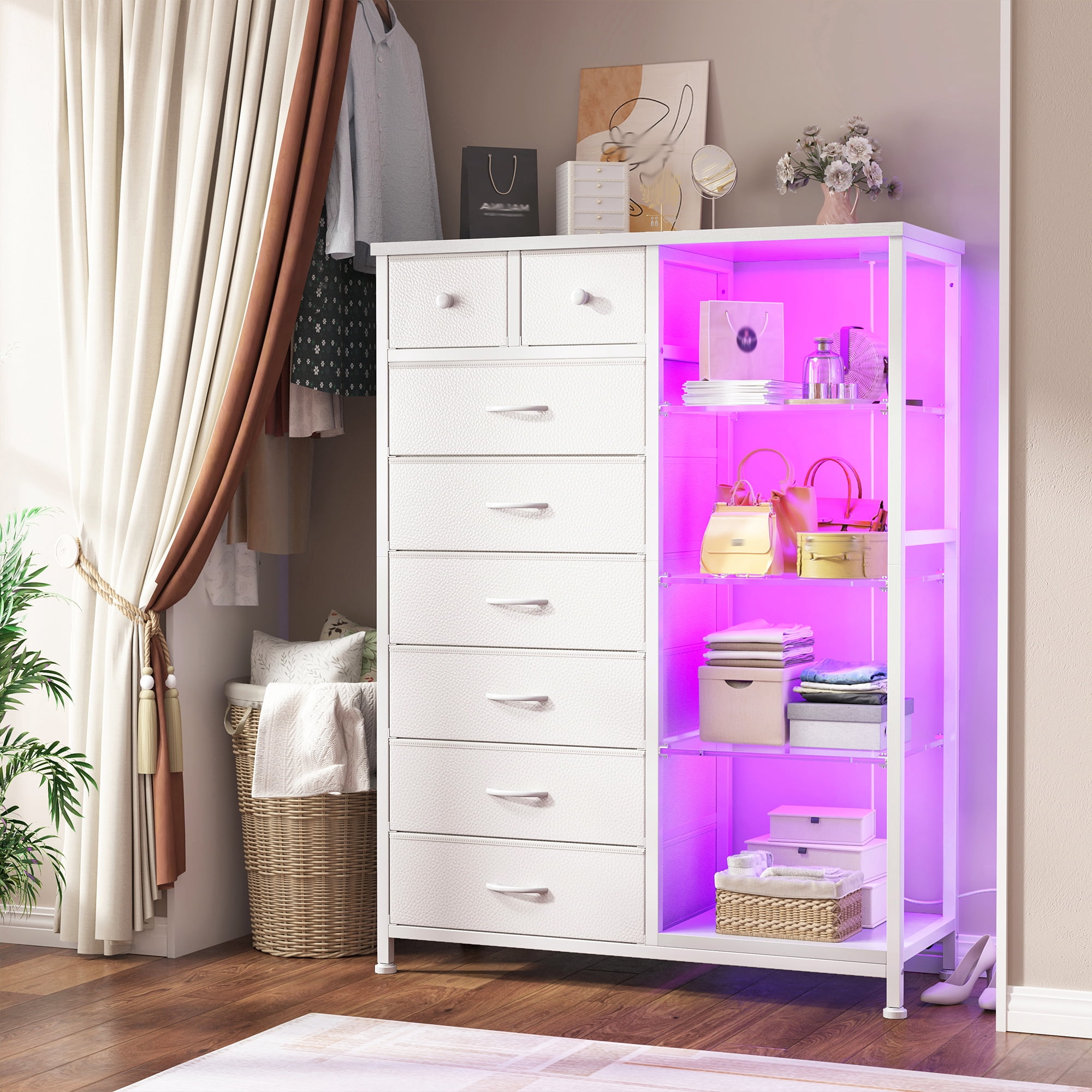 EnHomee White Dresser for Bedroom with Acrylic Open Shelves & Charging Station Tall Dresser with 8 Fabric Drawers & LED Lights