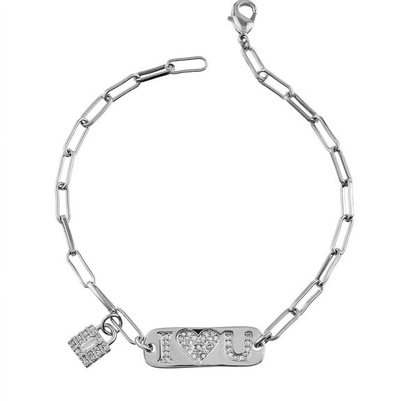 CZ Crystal Love You Tag Bracelet - Adjustable Padlock Charm Bracelet - Sterling Silver Plated Brass Paperclip Chain Bracelet for Women