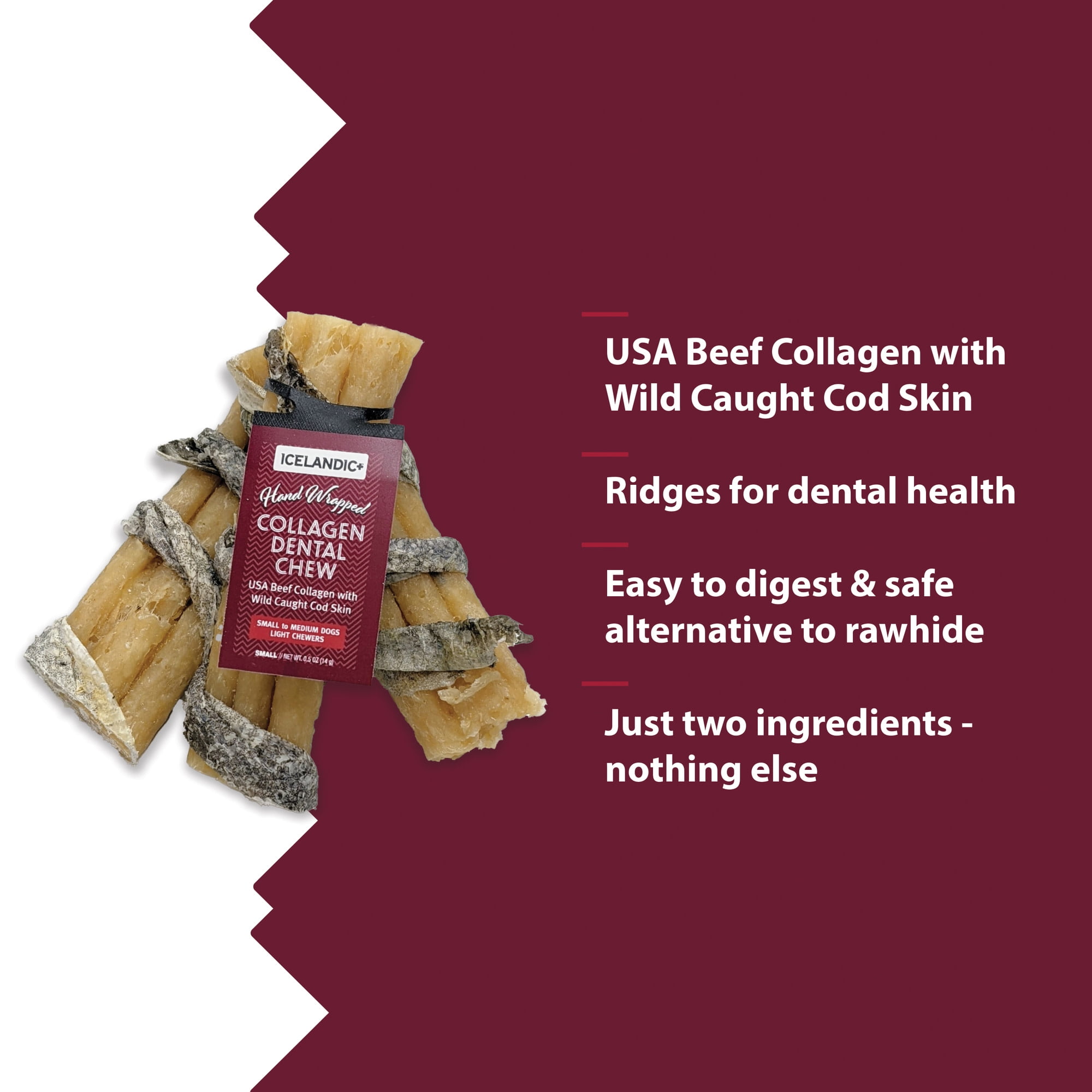 Icelandic+ Collagen Dental Chew: Beef & Cod Skin - 18 Pack - 8" Dog Treat Stick, Hand-Wrapped Fish, 2 Ingredient Pet Snack, Dental Rawhide Alternative