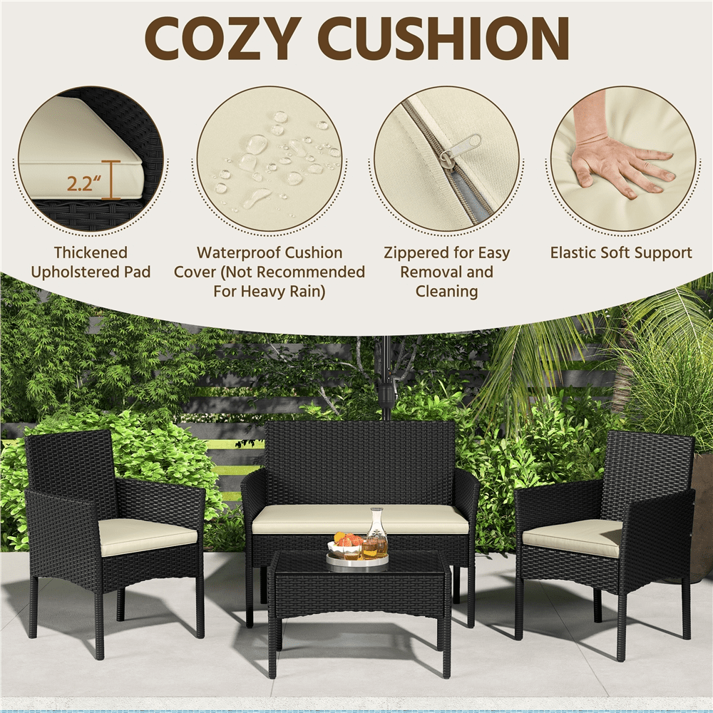 Renwick 4-Piece Outdoor Reception Set with Sofas and Coffee Table, Black/Beige
