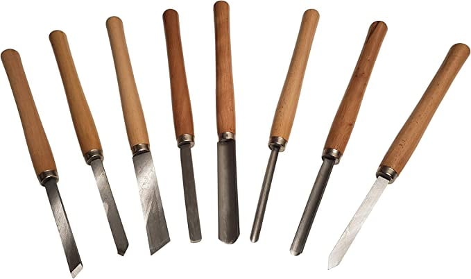 8 Piece Wood Chisel Woodworking Lathe Hand Tool Set - Includes Gouges,  Skews, Round Nose, Spearpoint, and Parting Chisels