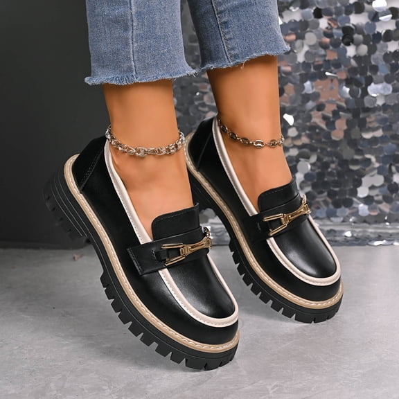 Women's Retro Chunky Heel Loafers, Black & White Color Block Platform Shoes, Matte Finish Round Toe Slip On Dress Shoes, Comfortable Mid Heel Casual Walking Shoes for Daily Wear